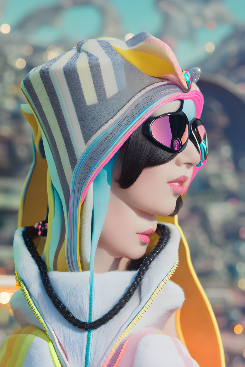 Colorful Hoodie Portrait with Pink Sunglasses Against Cityscape