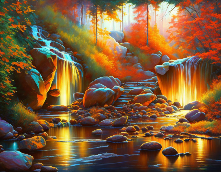 Colorful Forest Scene with Waterfall and Sunlight Reflections