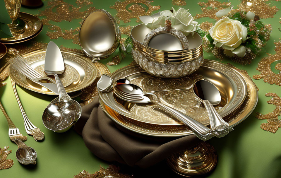 Luxurious Table Setting with Gold Cutlery, White China, Crystal Glassware, Cream Rose,