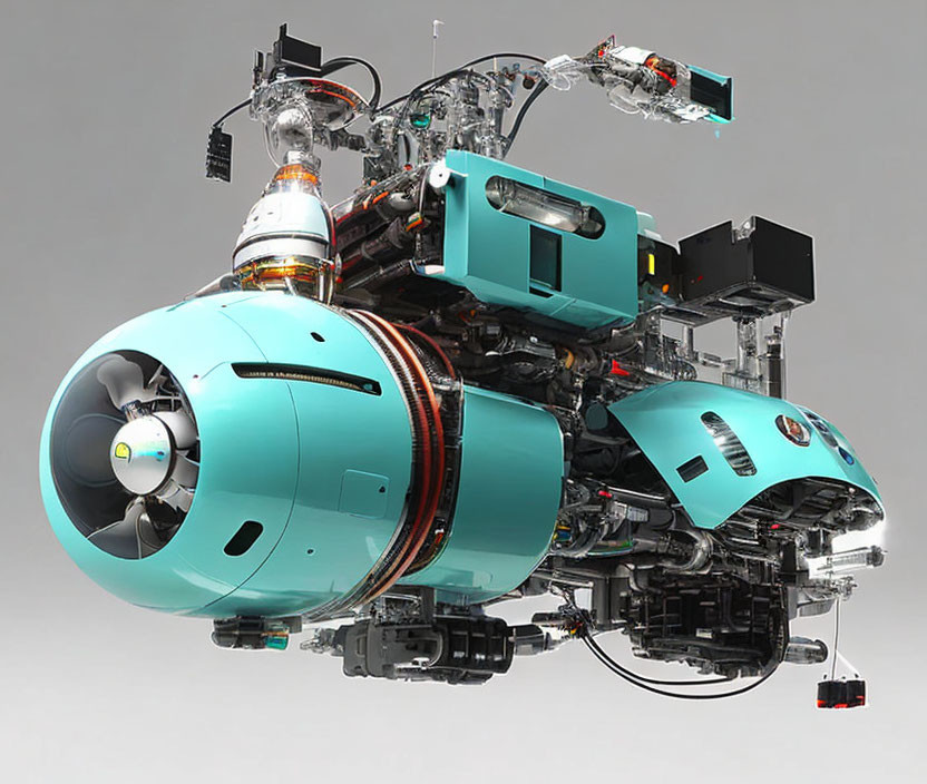 Detailed Turquoise and Black Machinery with Intricate Wiring and Mechanical Components