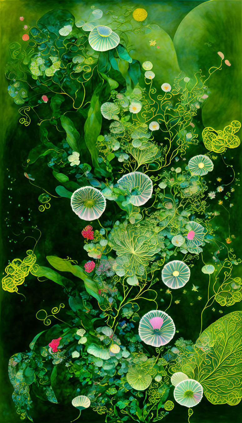 Colorful Enchanted Flora Scene with Green Leaves and Glowing Orbs