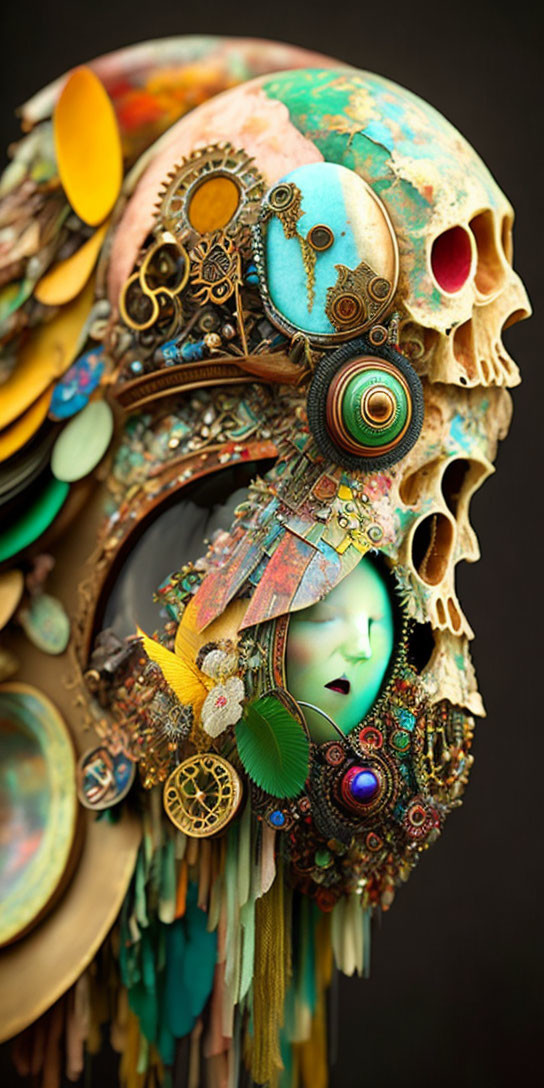 Colorful Steampunk and Tribal Skull Decor with Doll and Gears