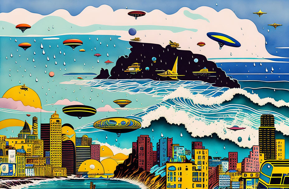 Vibrant retro-futuristic cityscape with flying vehicles and stylized waves