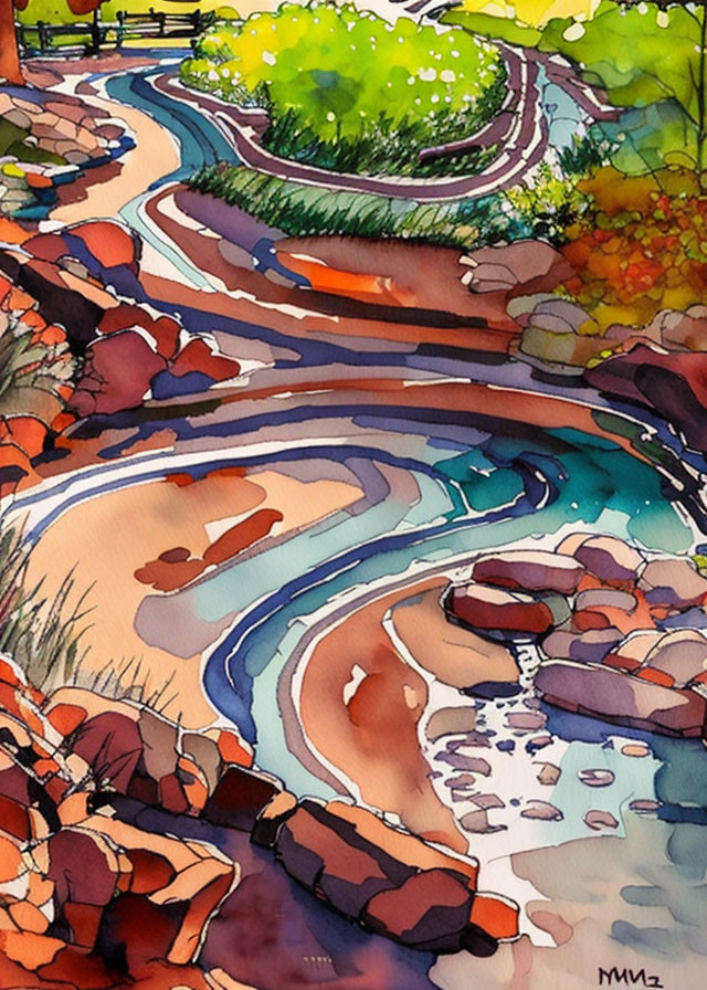 Vibrant watercolor painting of winding stream and colorful stones