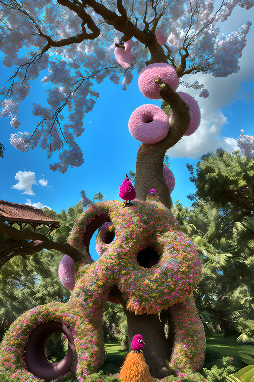 Whimsical tree with face, pink flowers, doughnut-like branches, cartoon birds