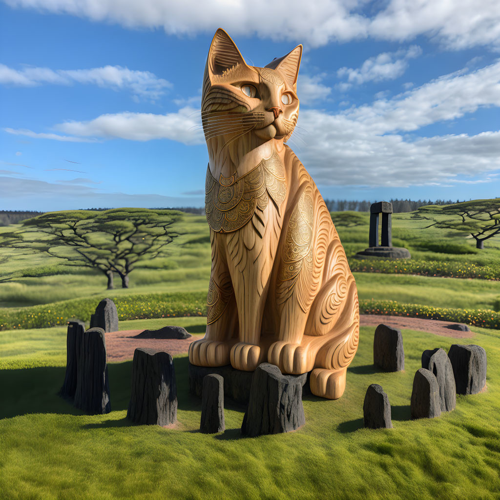 Giant ornate wooden cat sculpture in grassy field with stone circle and trees under blue sky.