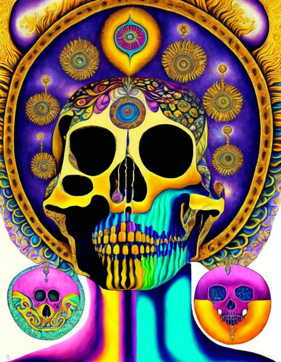 Colorful Skull Artwork with Mandala and Psychedelic Skulls