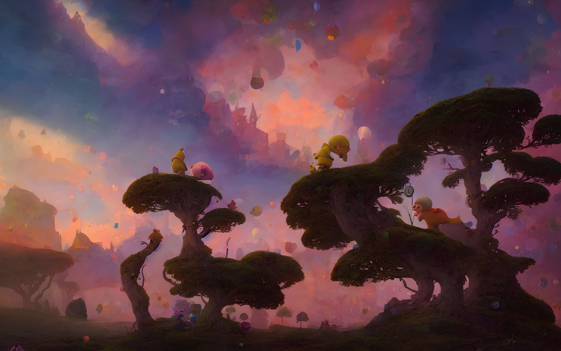 Colorful Whimsical Landscape with Floating Orbs and Fanciful Trees