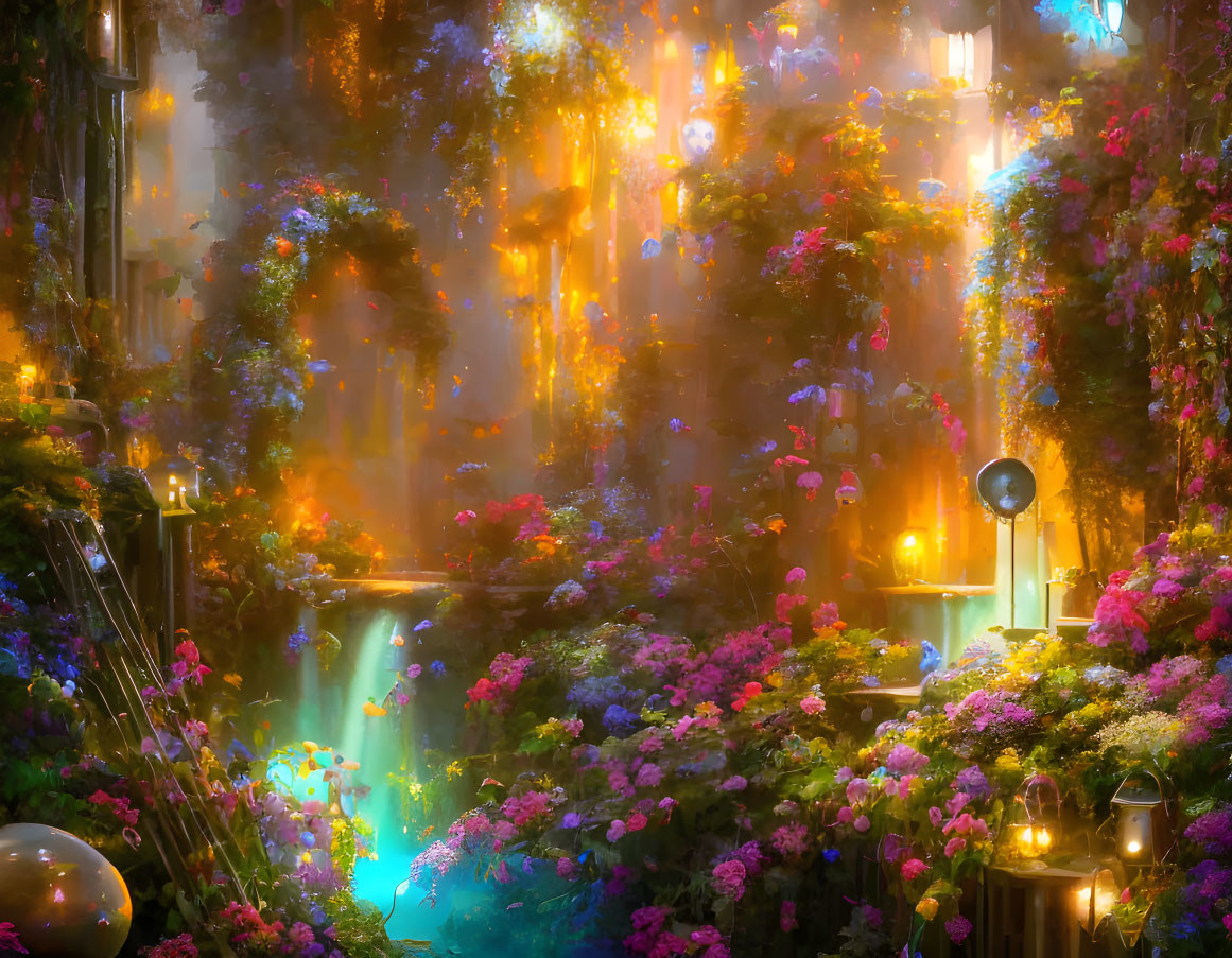 Ethereal forest glade with colorful flora and atmospheric fog