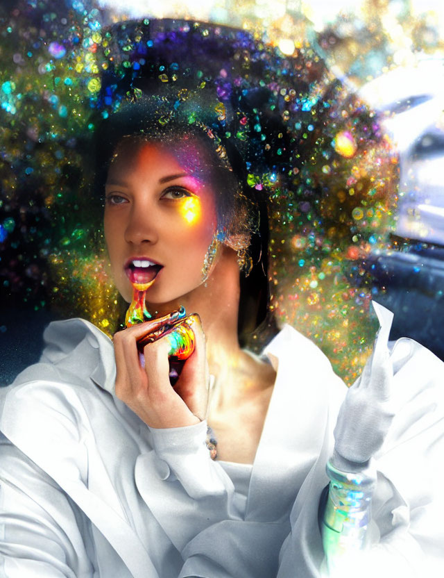 Cosmic aura woman with iridescent perfume bottle in urban backdrop