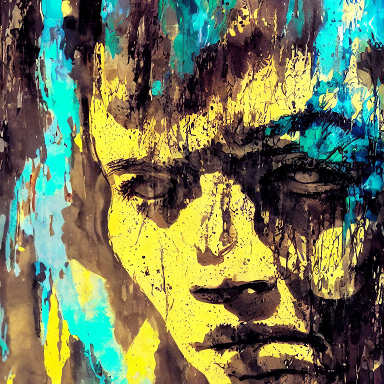 Vibrant watercolor portrait with blue and yellow splashes on dark background