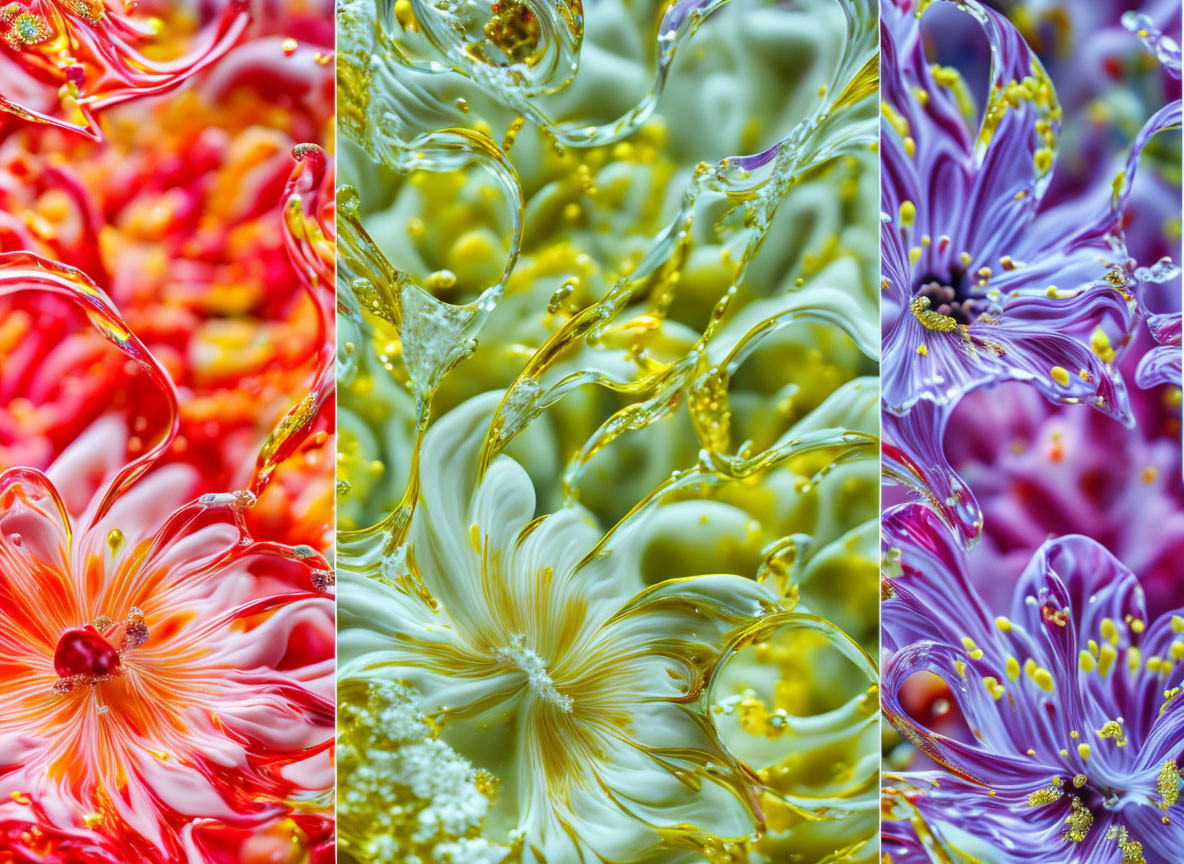 Vibrant Triptych: Fiery Reds, Golden Swirls, Purple Blooms