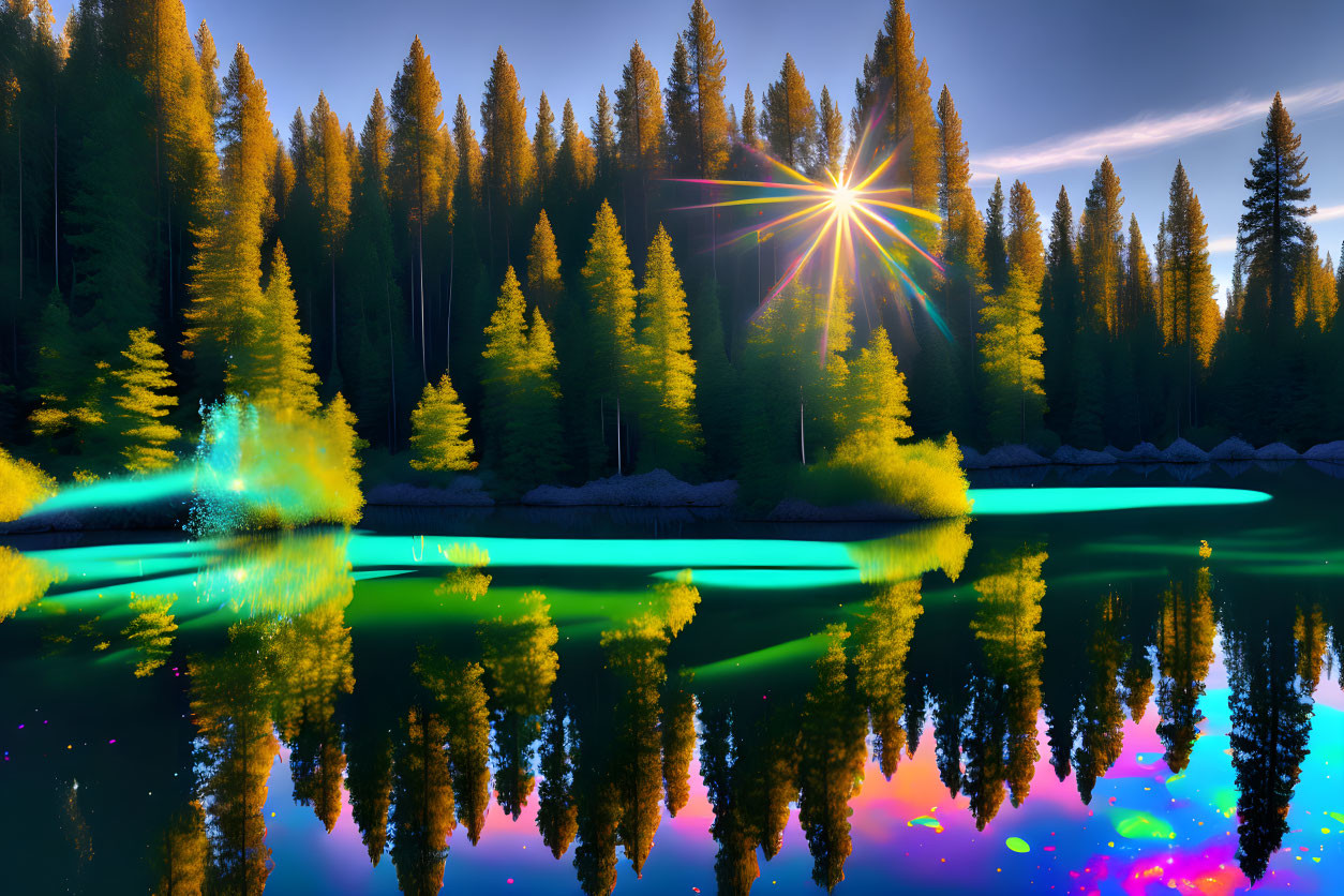 Neon-colored forest by reflective lake at dusk or dawn