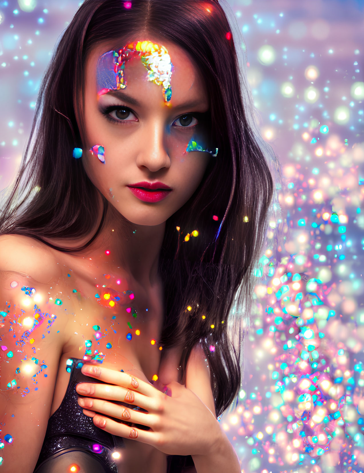 Woman with vibrant face paint and glitter on sparkling bokeh background