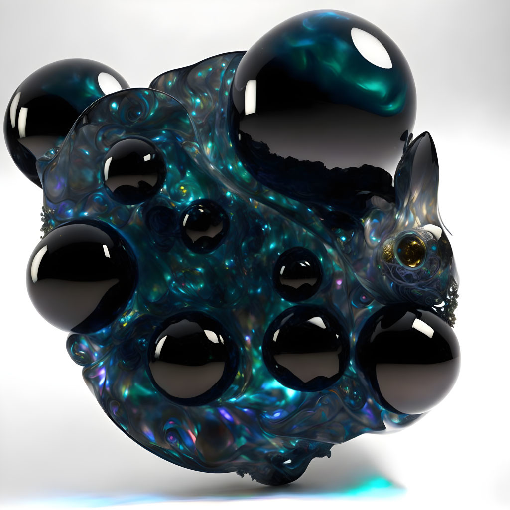 Abstract 3D art: Iridescent bubbles and cat-like figure in glossy swirls