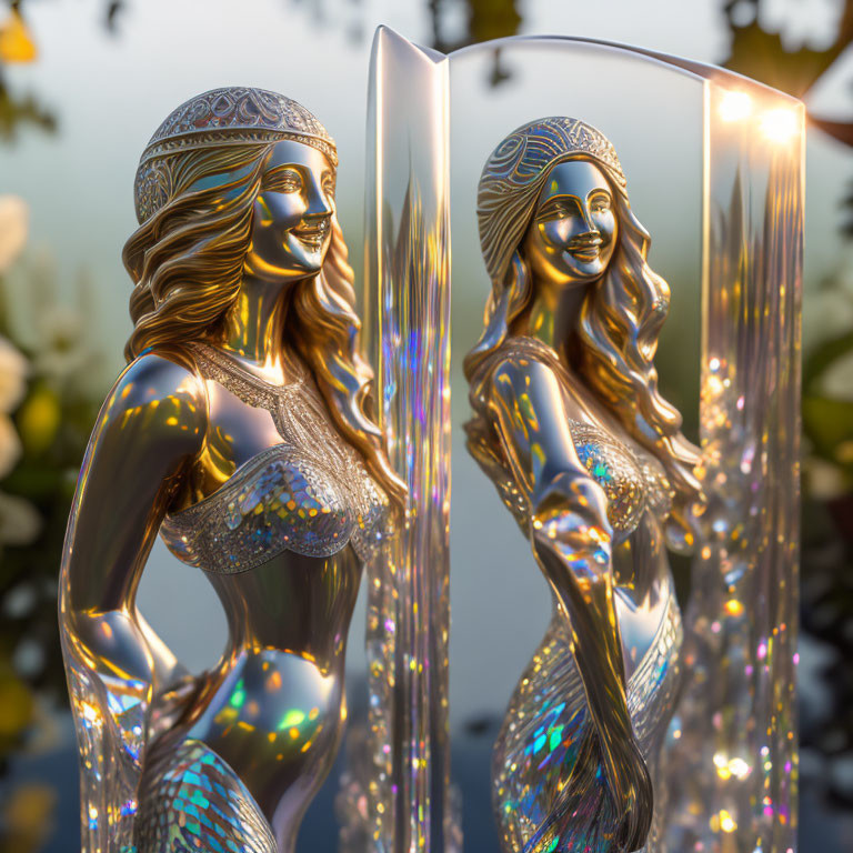 Chrome statue of female figure with headband and reflection on polished surface