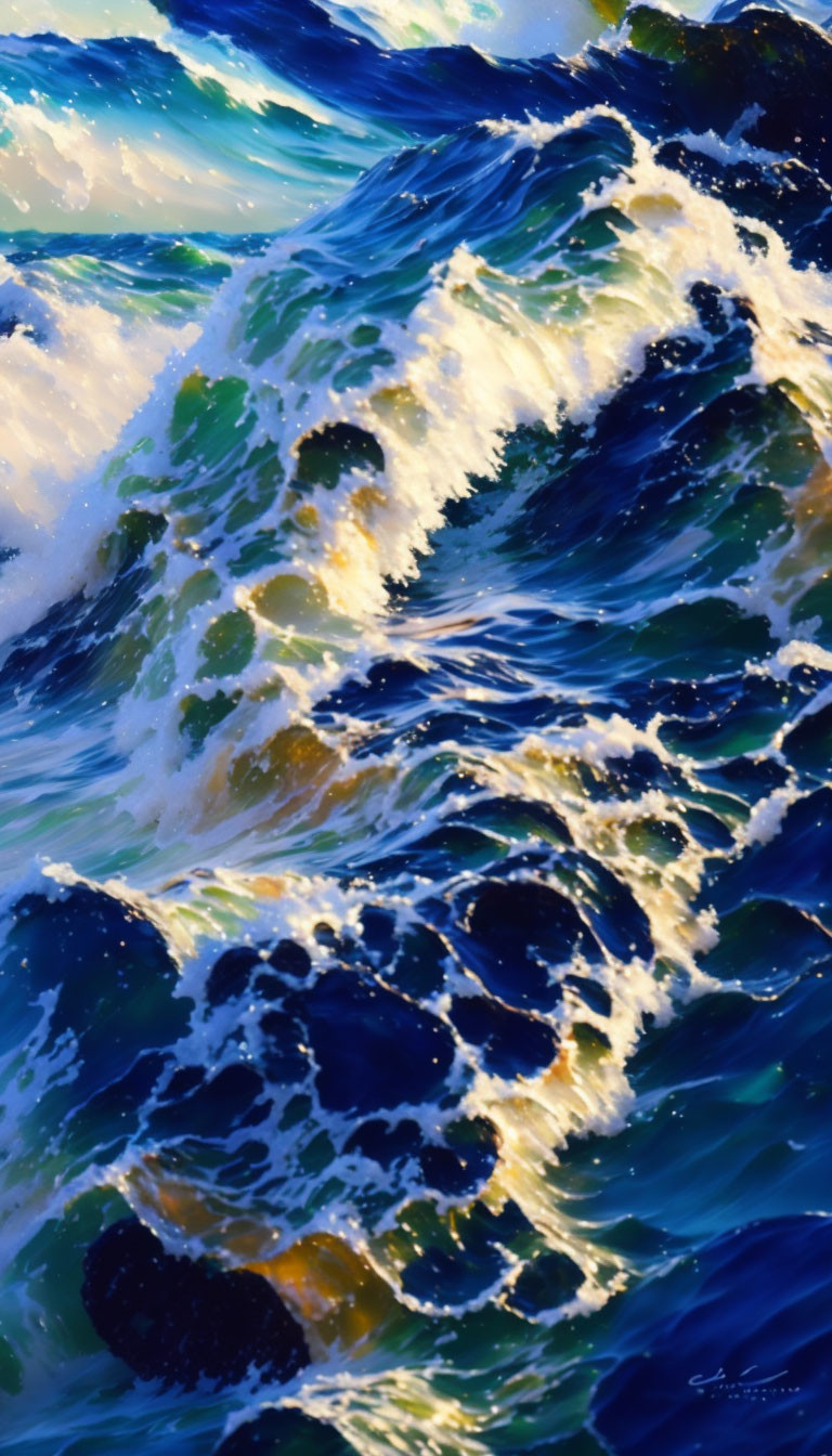 Vivid close-up of dynamic ocean waves in motion with foam and spray under natural light