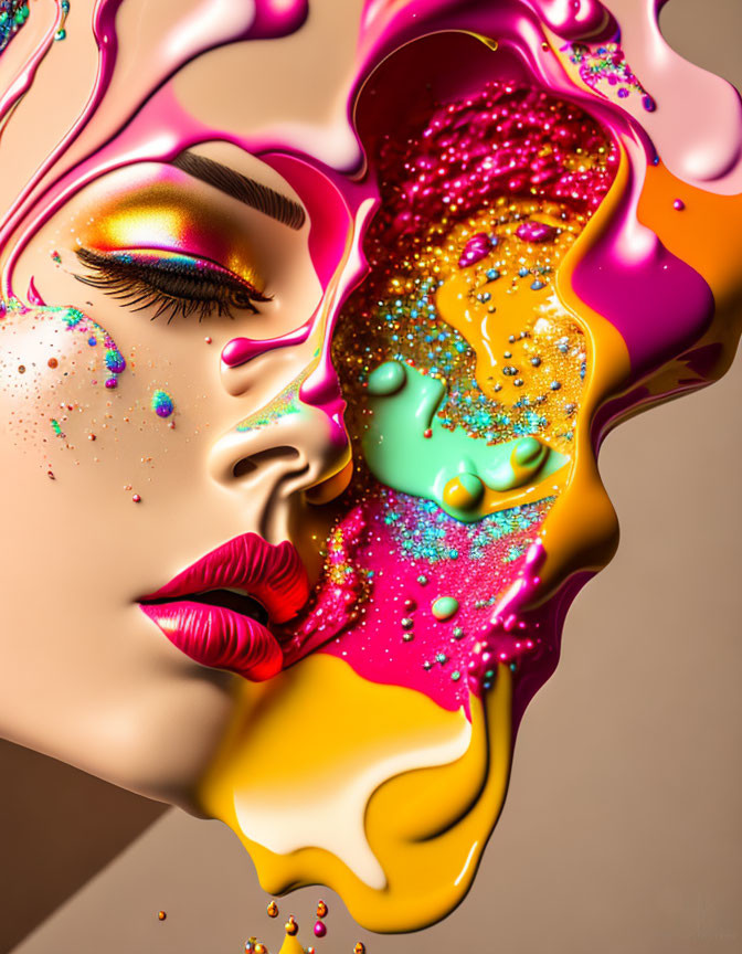 Vibrant liquid art makeup on woman's face with pink, yellow, and green splashes