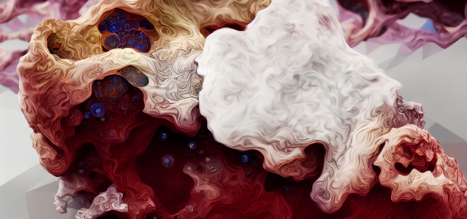 Abstract digital artwork with intricate coral-like patterns in white, red, and earthy tones