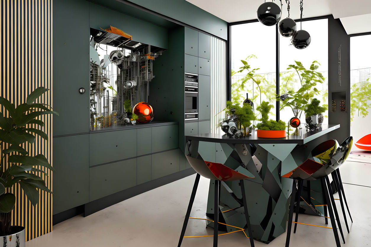 Geometric island and black spherical lights in modern industrial kitchen