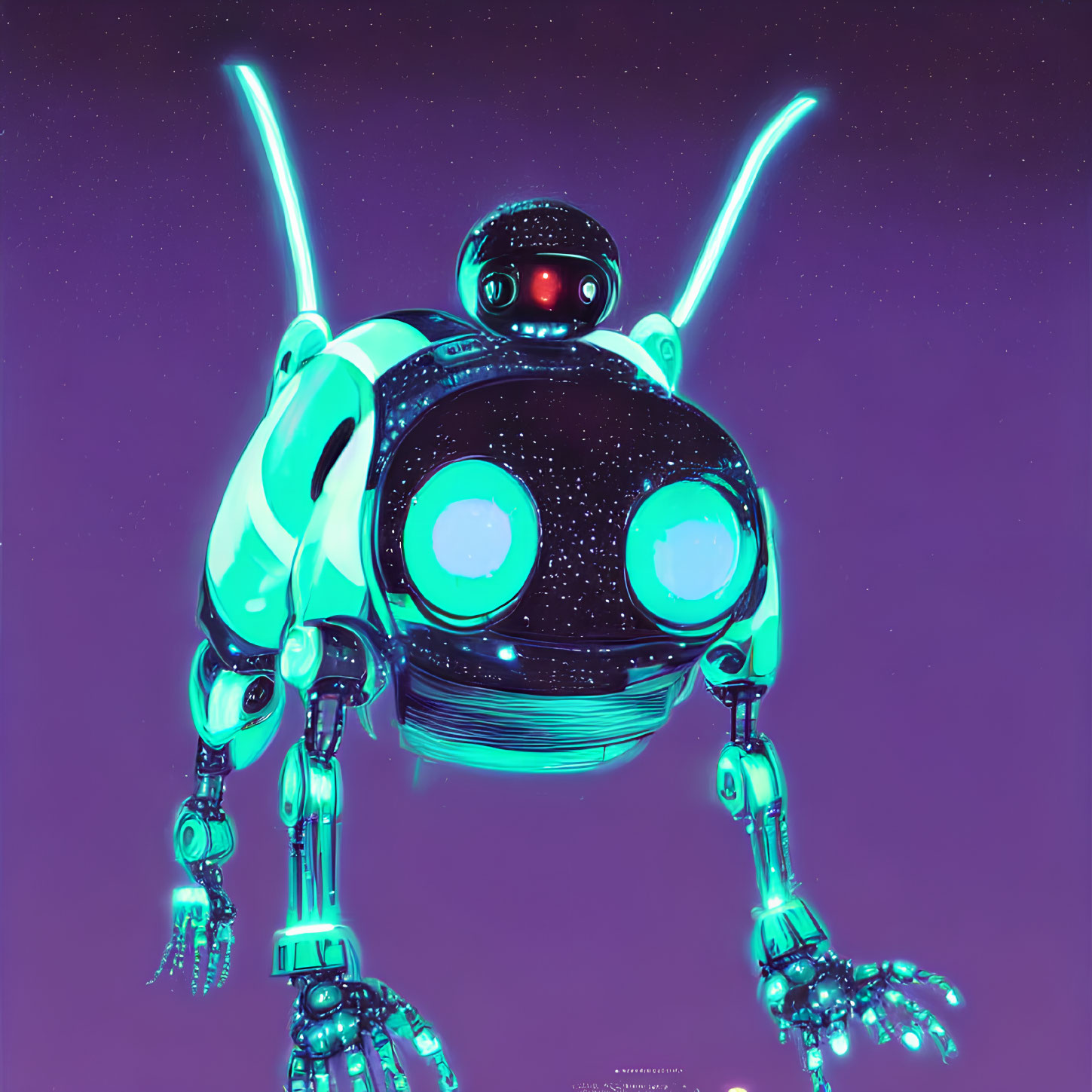 Futuristic neon blue spherical robot with glowing eyes on purple background