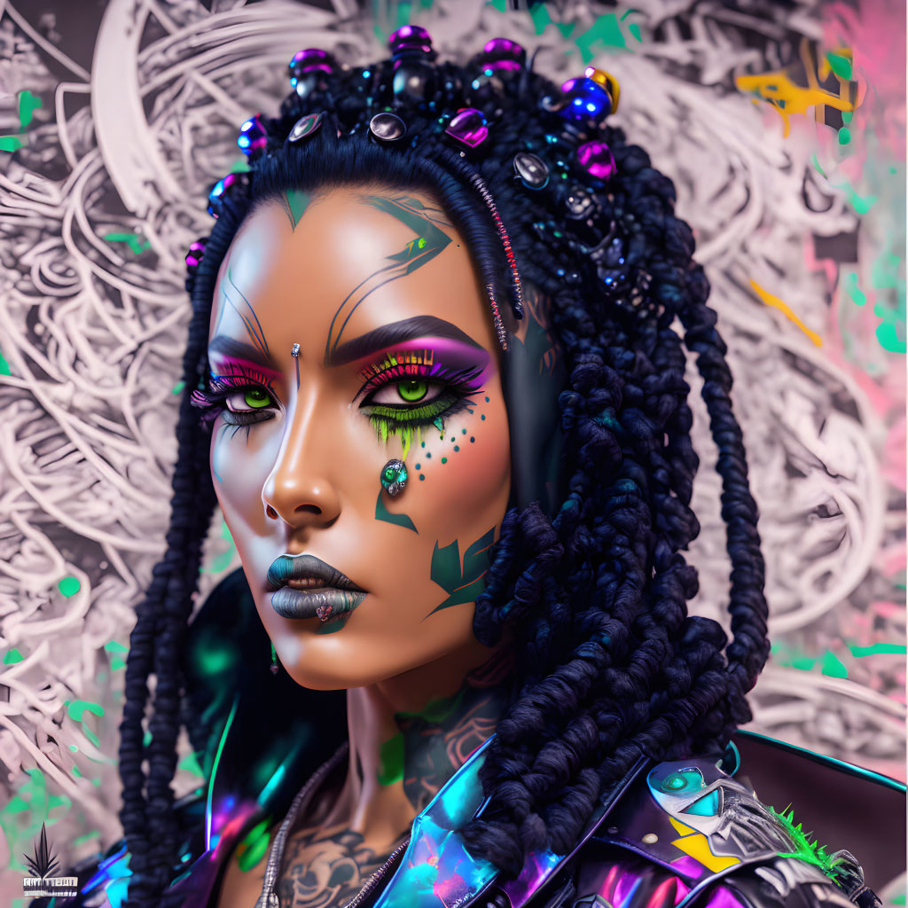 Digital artwork: Woman with intricate makeup, braided hair, holographic tattoos on patterned background