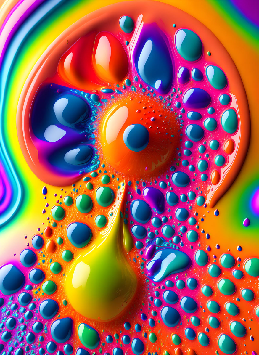 Colorful psychedelic bubbles and droplets on wavy background