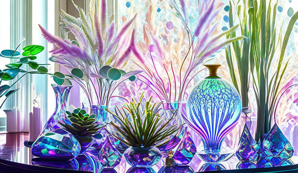 Vibrant Backlit Glass Vases on Windowsill