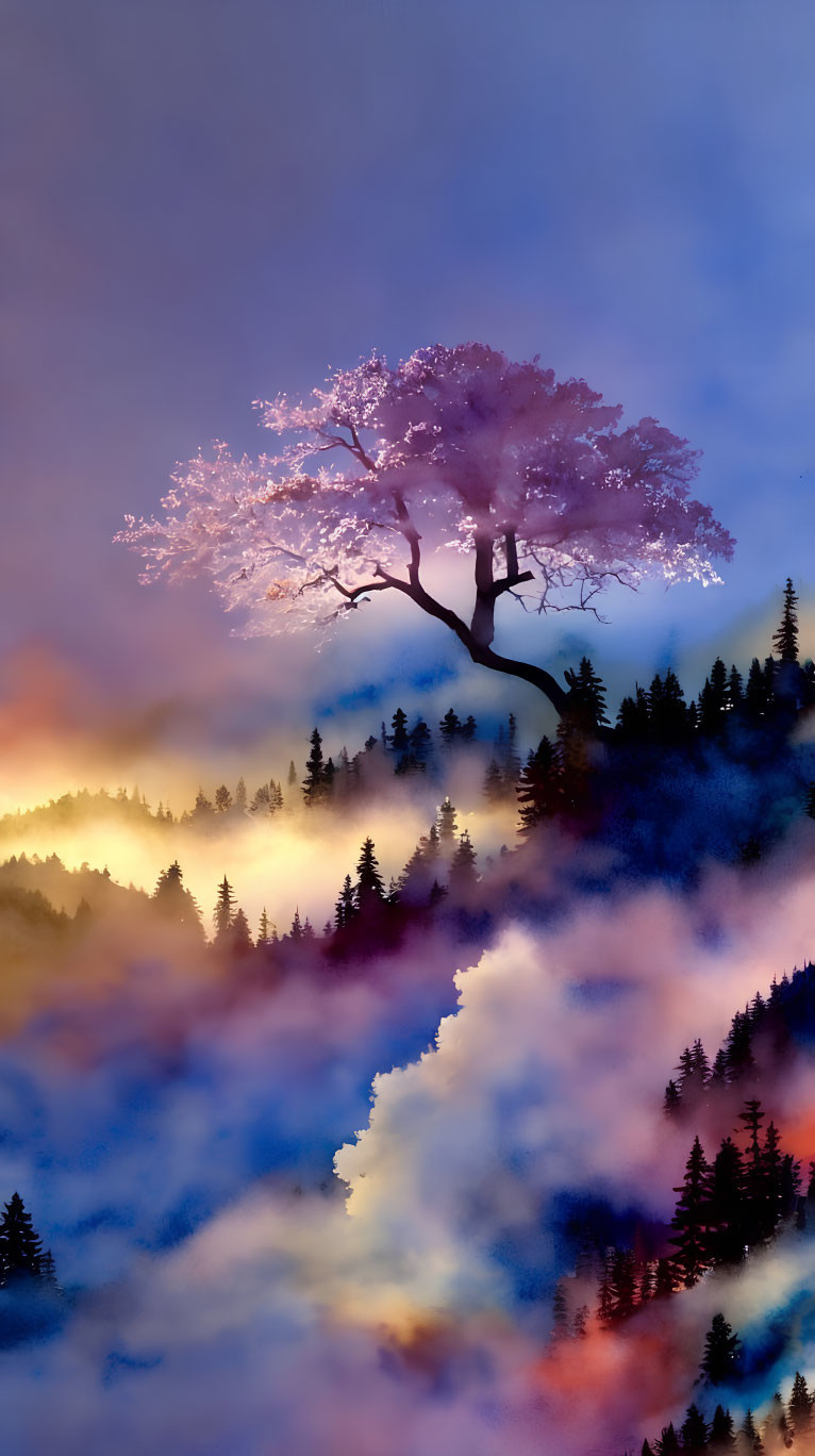 Solitary tree in misty landscape with blue and orange hues.