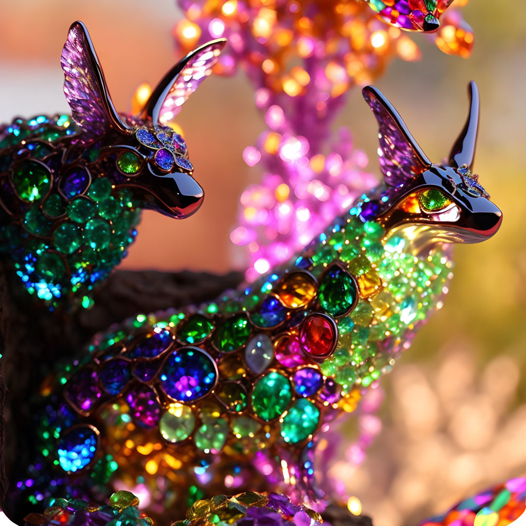 Colorful Peacock Sculpture with Shimmering Crystals and Blurred Background