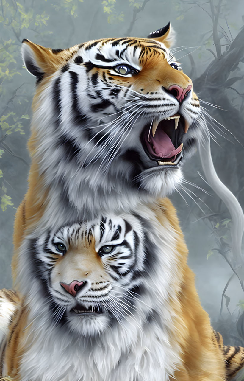 Two tigers in misty forest: one roaring, one gazing fiercely.