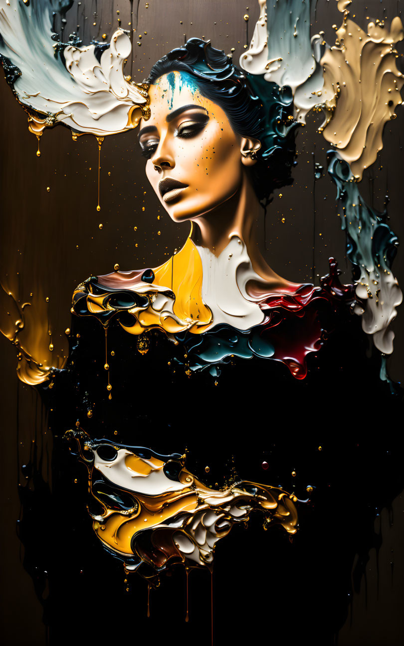 Abstract portrait of woman with artistic makeup and vibrant paint swirls