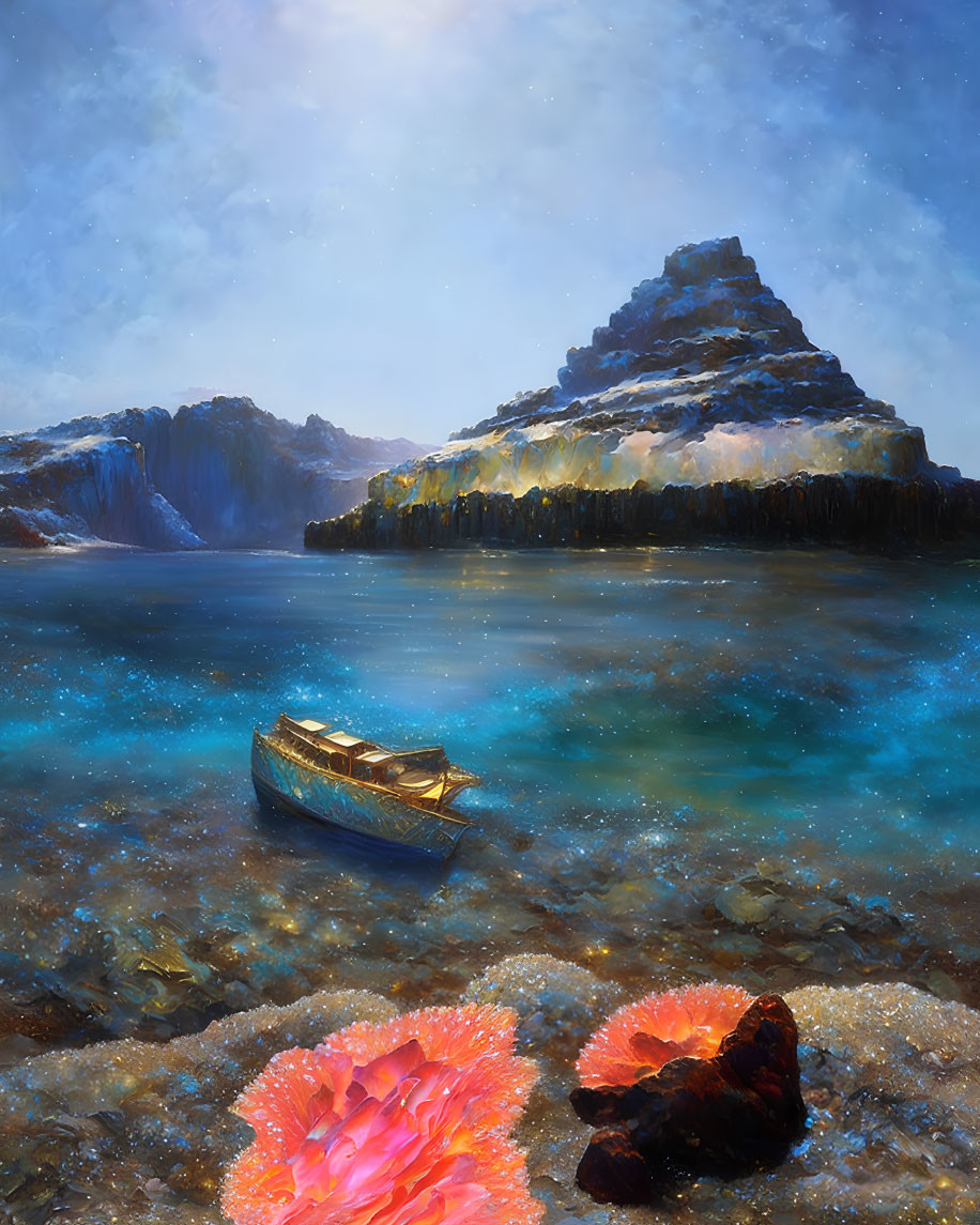 Tranquil seascape with boat, coral, and snow-capped mountain