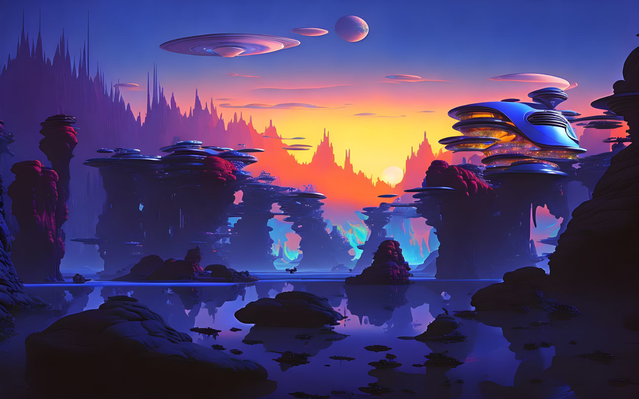 Futuristic sci-fi landscape with alien flora, flying vessels, and multiple moons