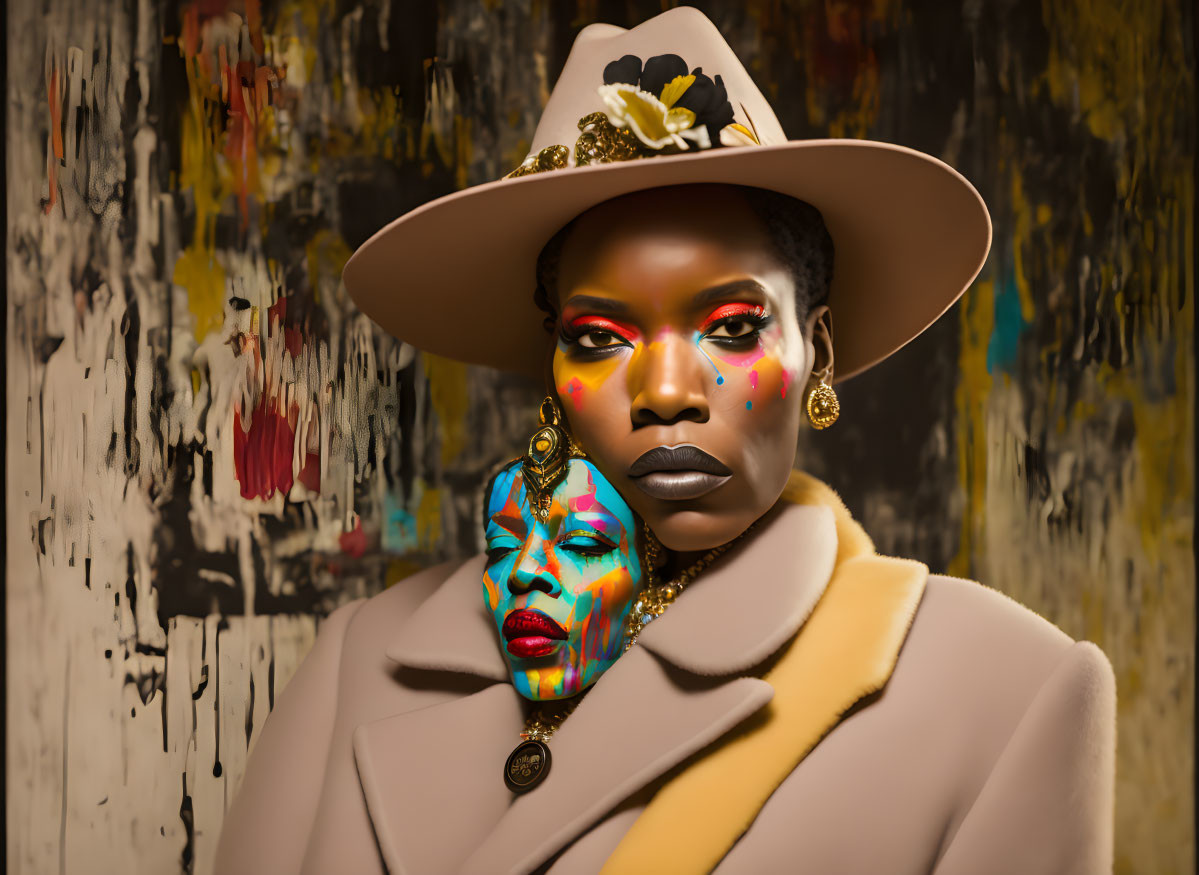 Colorful Earrings and Wide-Brimmed Hat Against Paint-Dripped Backdrop