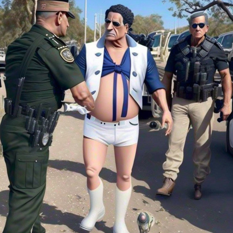 Exaggerated physique animated character arrested by two officers