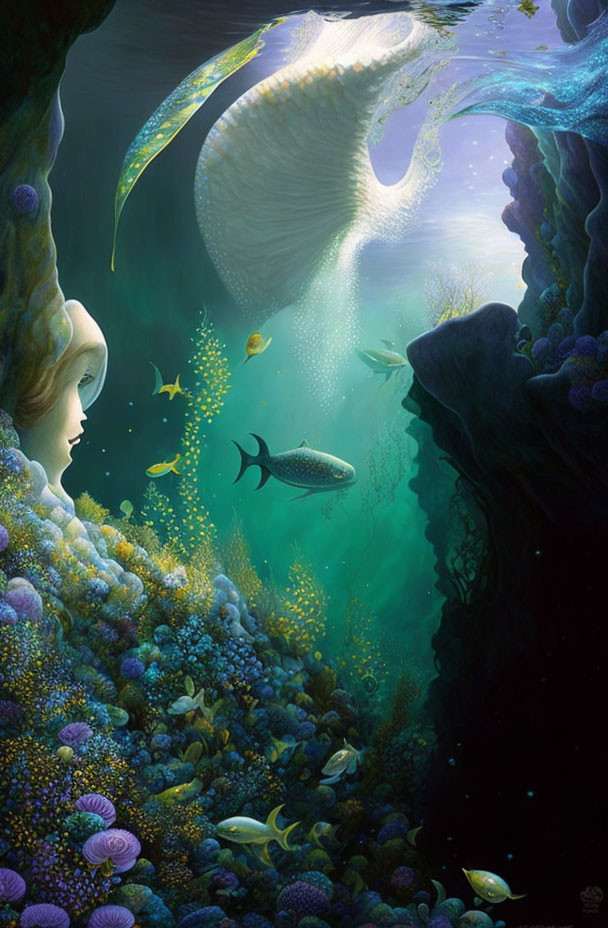 Surreal underwater scene: woman's profile in seafloor with marine life & biolumines