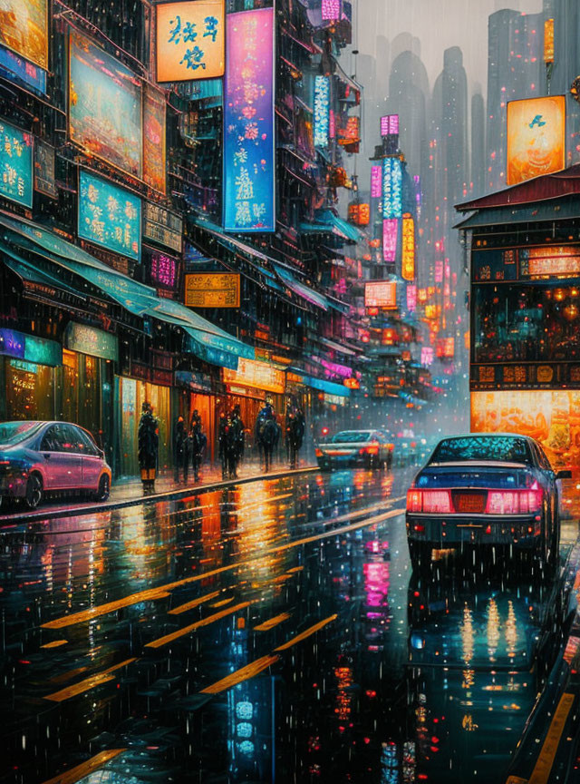 Vibrant neon-lit street scene on a rainy night