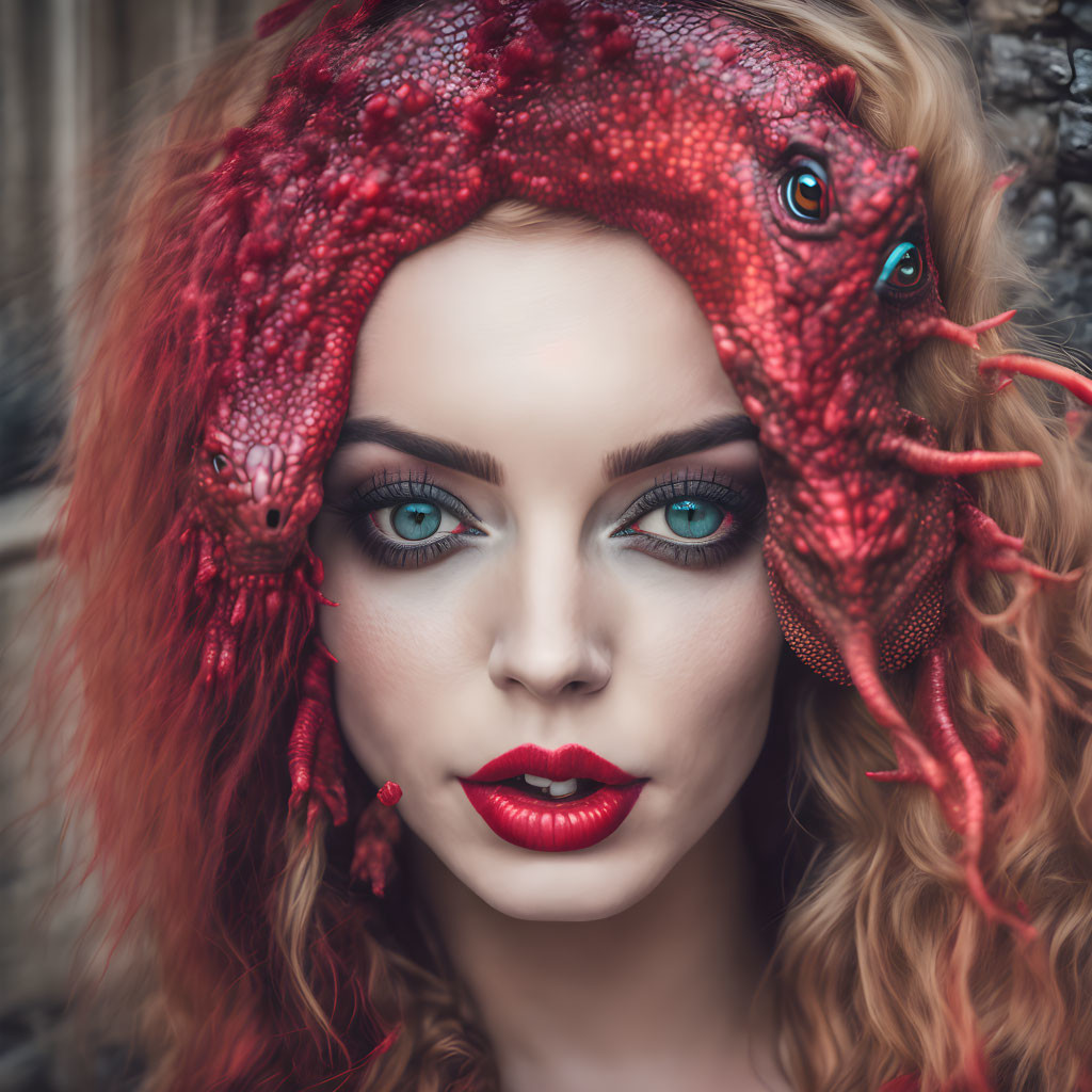 Woman with Blue Eyes and Red Lipstick in Dragon Headdress