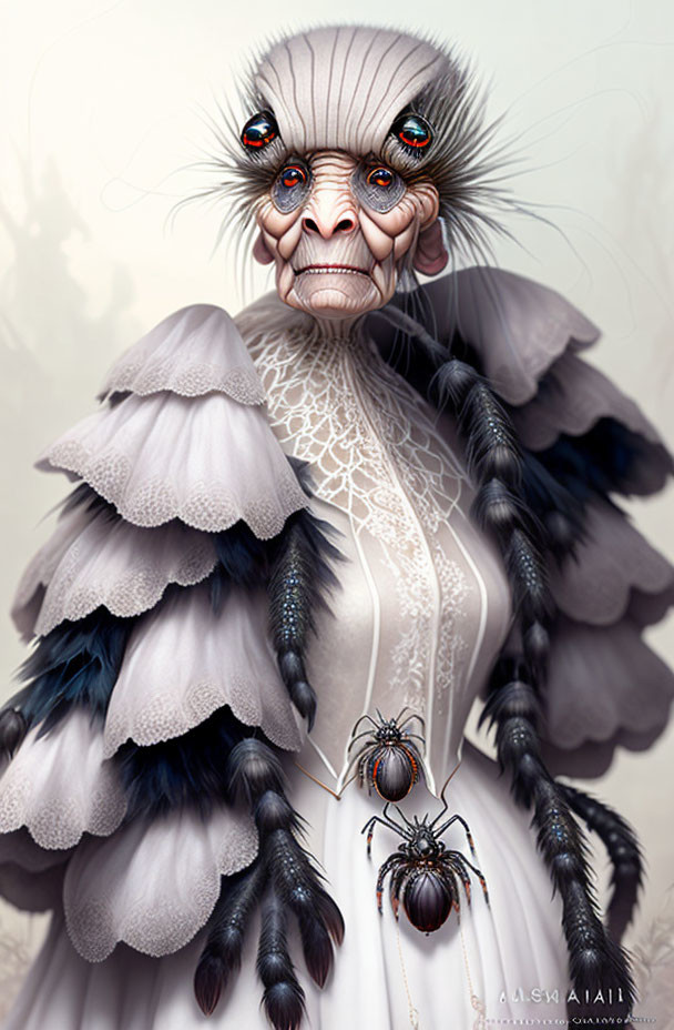 Creature with elderly woman's face, bird eyes, feathered garment, lace, spiders