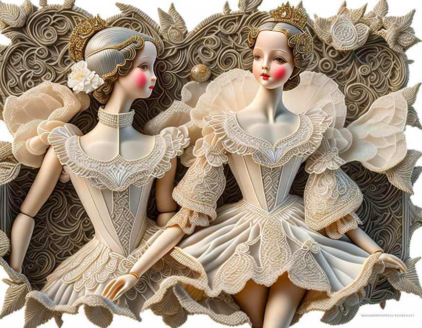 Porcelain-like figures in ornate dresses on golden background