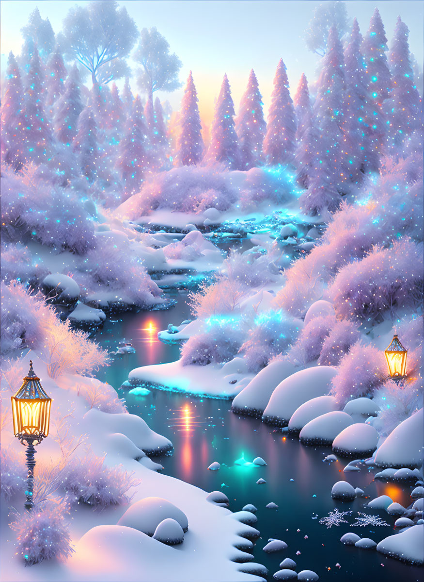 Winter Scene with Glowing Lanterns by Snow-Covered River