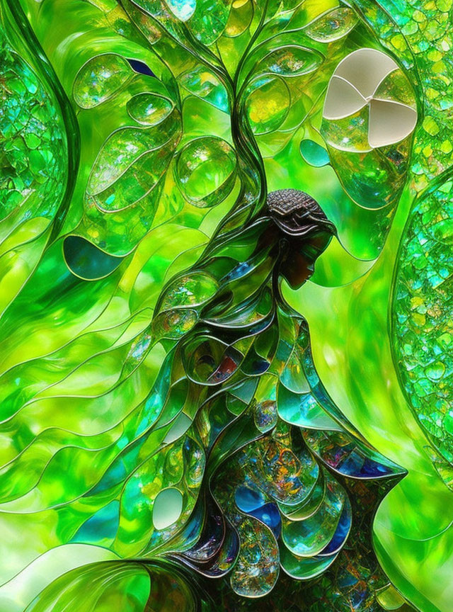 Woman's silhouette blending with vibrant glass tree in mythical scene