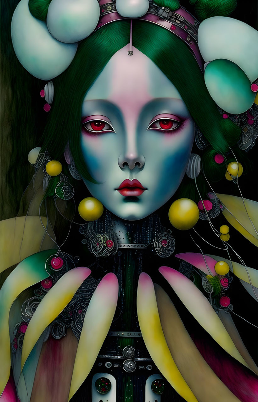 Fantasy art: Green-skinned woman with red eyes, ornate headdress, jewelry, white