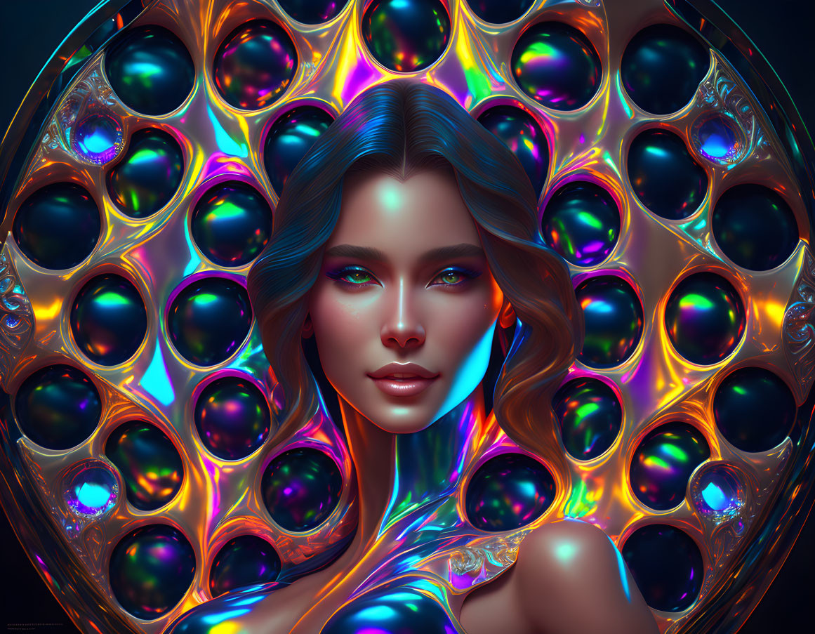 Vibrant digital artwork of woman with iridescent bubbles and futuristic vibe