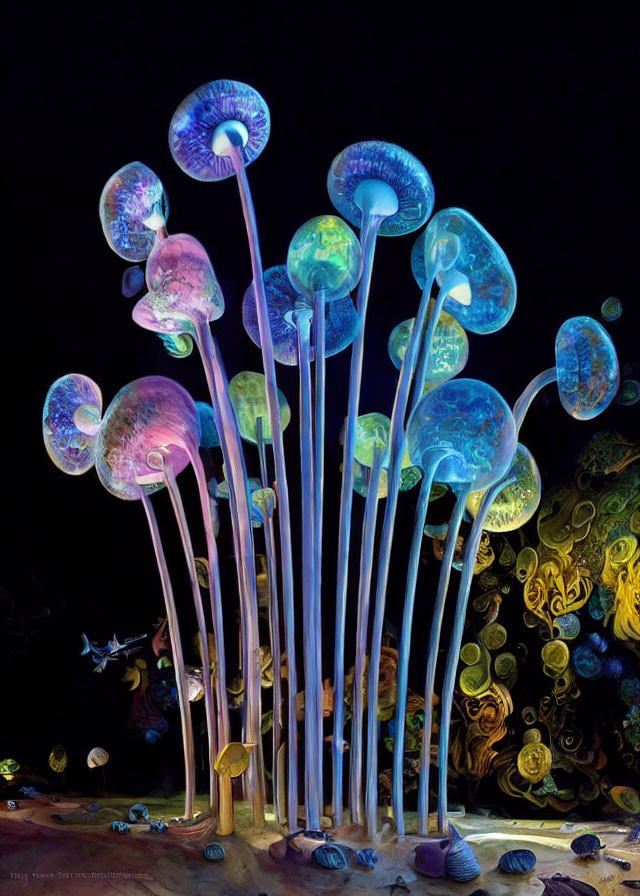 Vibrant glass jellyfish sculptures with glowing caps and long tendrils on aquatic-themed background