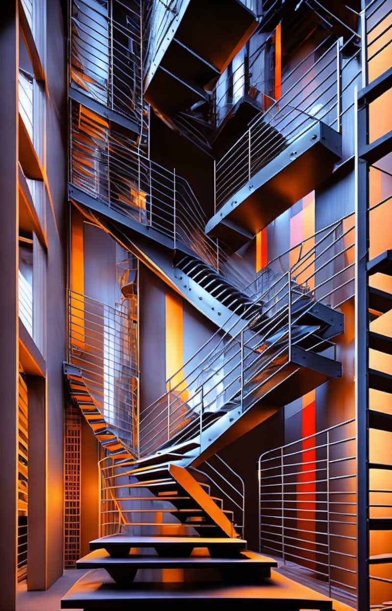 High-ceiling building with modern interior metal staircase and warm orange lighting