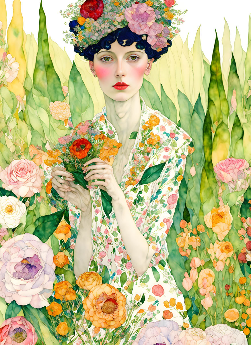 Stylized illustration of woman with floral hat and dress surrounded by colorful flowers