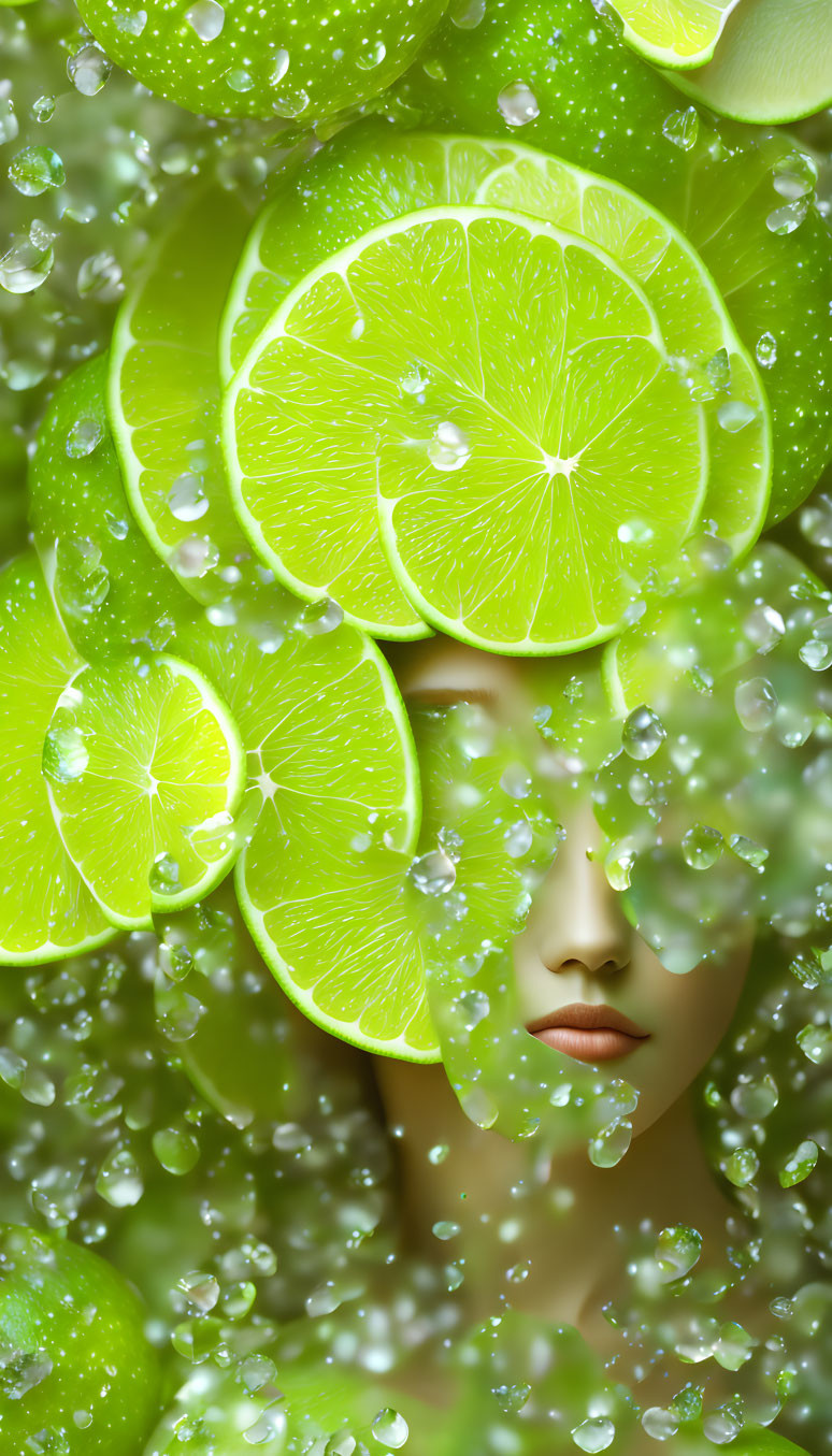 Surreal portrait with lime slices and bubbles