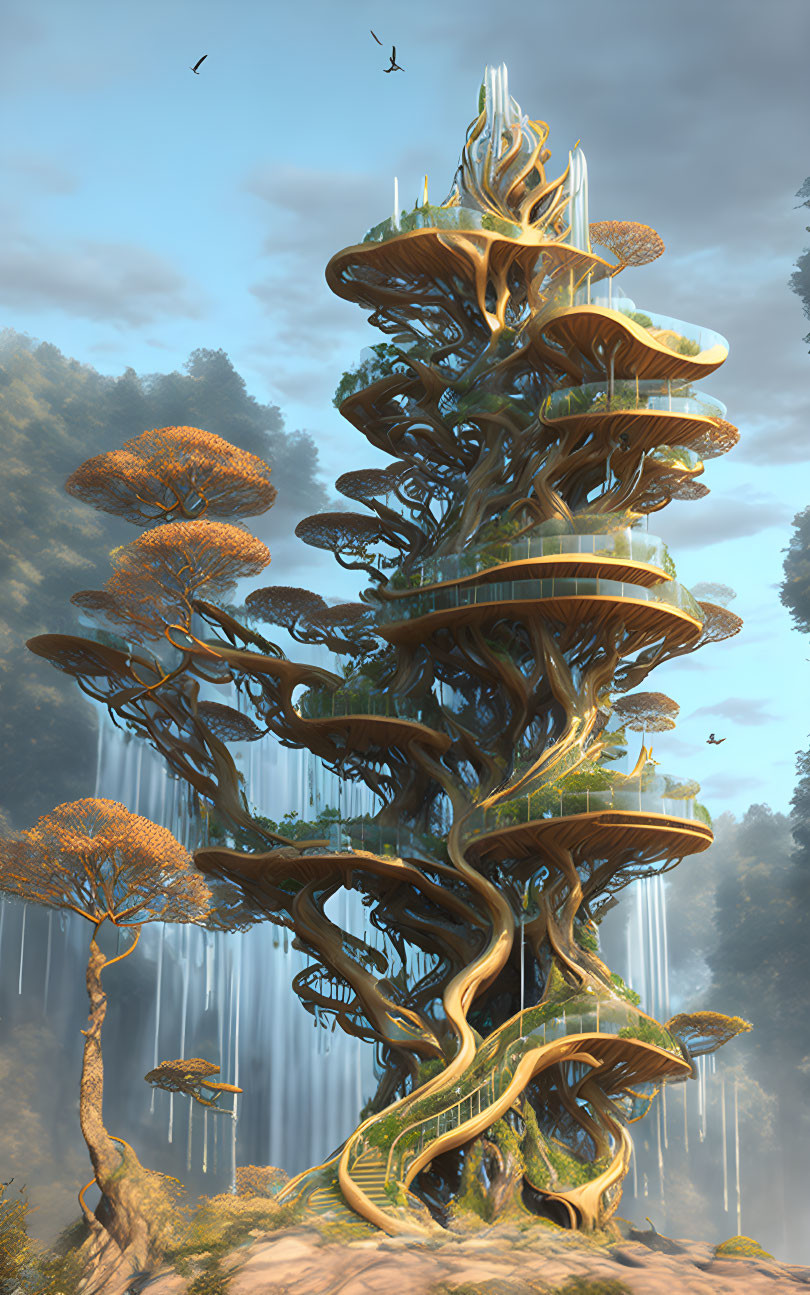 Fantastical tree with winding staircases in misty forest landscape